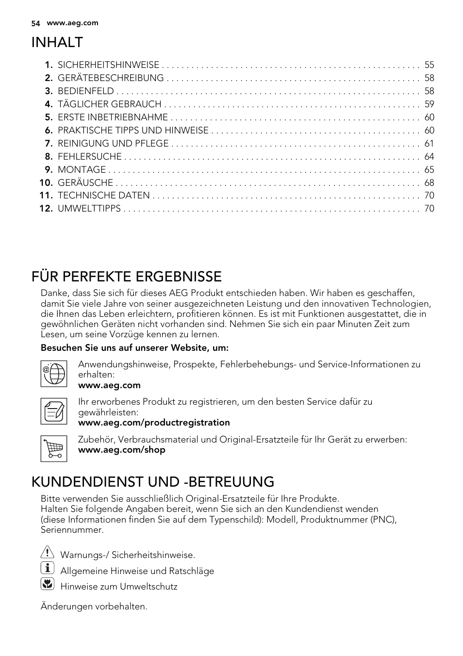 Inhalt, Für perfekte ergebnisse, Kundendienst und -betreuung | AEG A52800GSW0 User Manual | Page 54 / 72