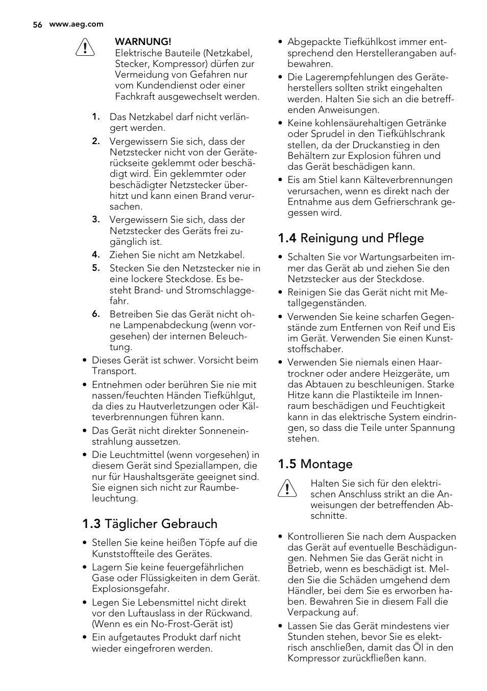 3 täglicher gebrauch, 4 reinigung und pflege, 5 montage | AEG A52800GSW0 User Manual | Page 56 / 72