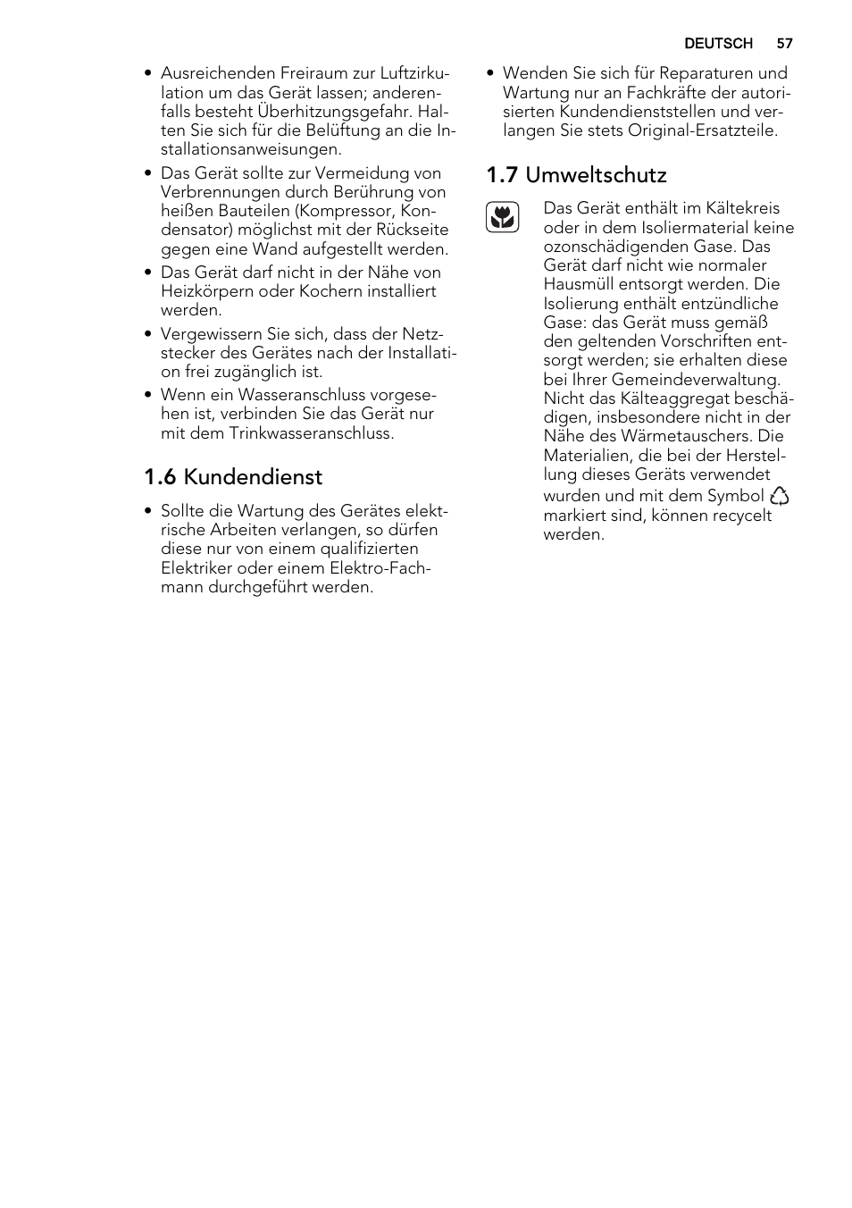 6 kundendienst, 7 umweltschutz | AEG A52800GSW0 User Manual | Page 57 / 72