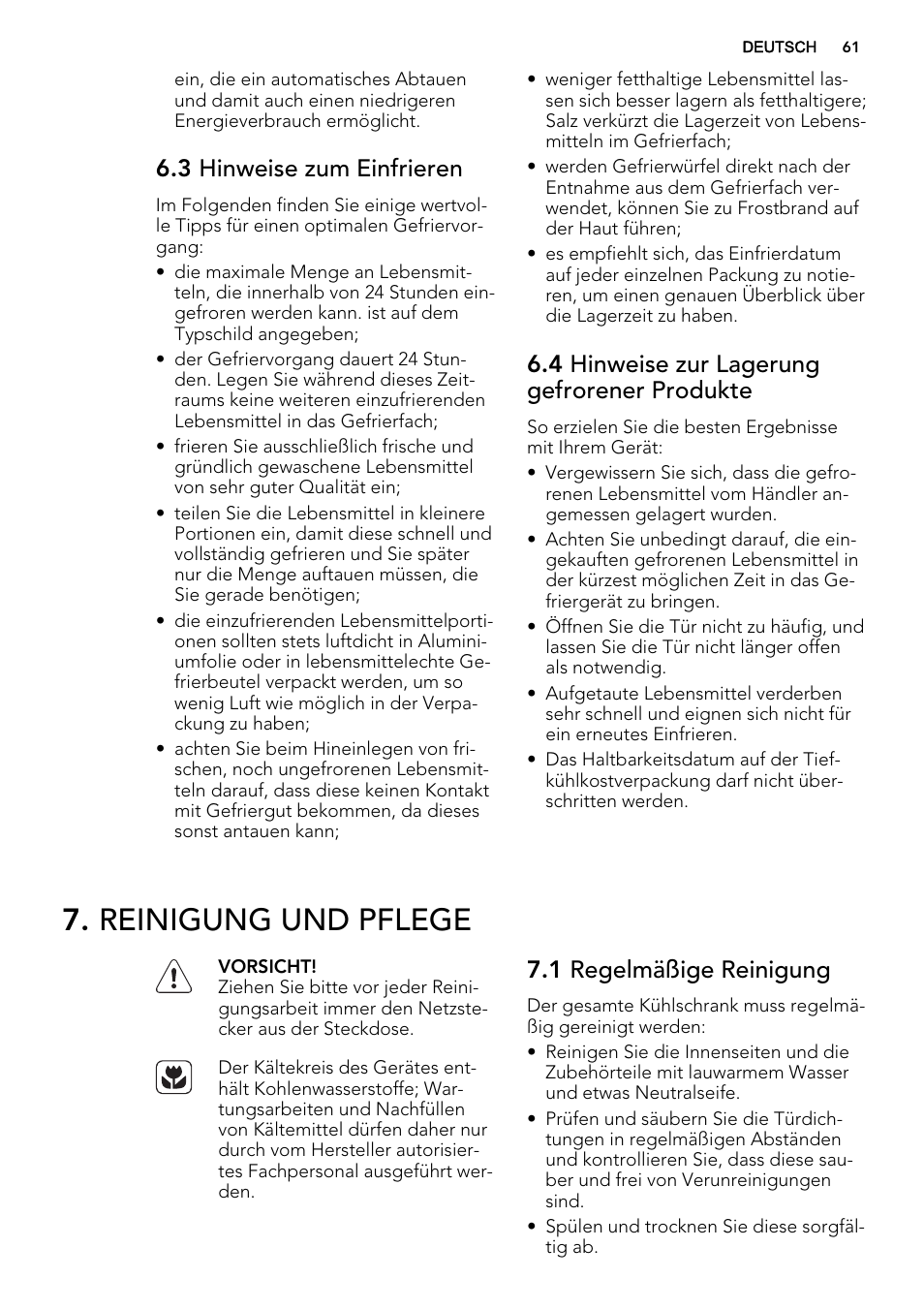 Reinigung und pflege, 3 hinweise zum einfrieren, 4 hinweise zur lagerung gefrorener produkte | 1 regelmäßige reinigung | AEG A52800GSW0 User Manual | Page 61 / 72