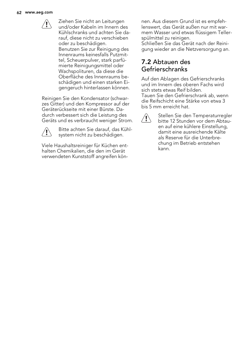 2 abtauen des gefrierschranks | AEG A52800GSW0 User Manual | Page 62 / 72