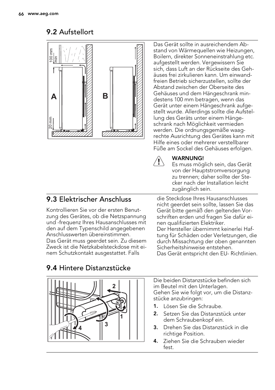 2 aufstellort, 3 elektrischer anschluss, 4 hintere distanzstücke | AEG A52800GSW0 User Manual | Page 66 / 72