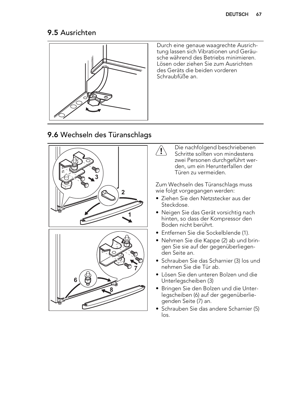 5 ausrichten, 6 wechseln des türanschlags | AEG A52800GSW0 User Manual | Page 67 / 72