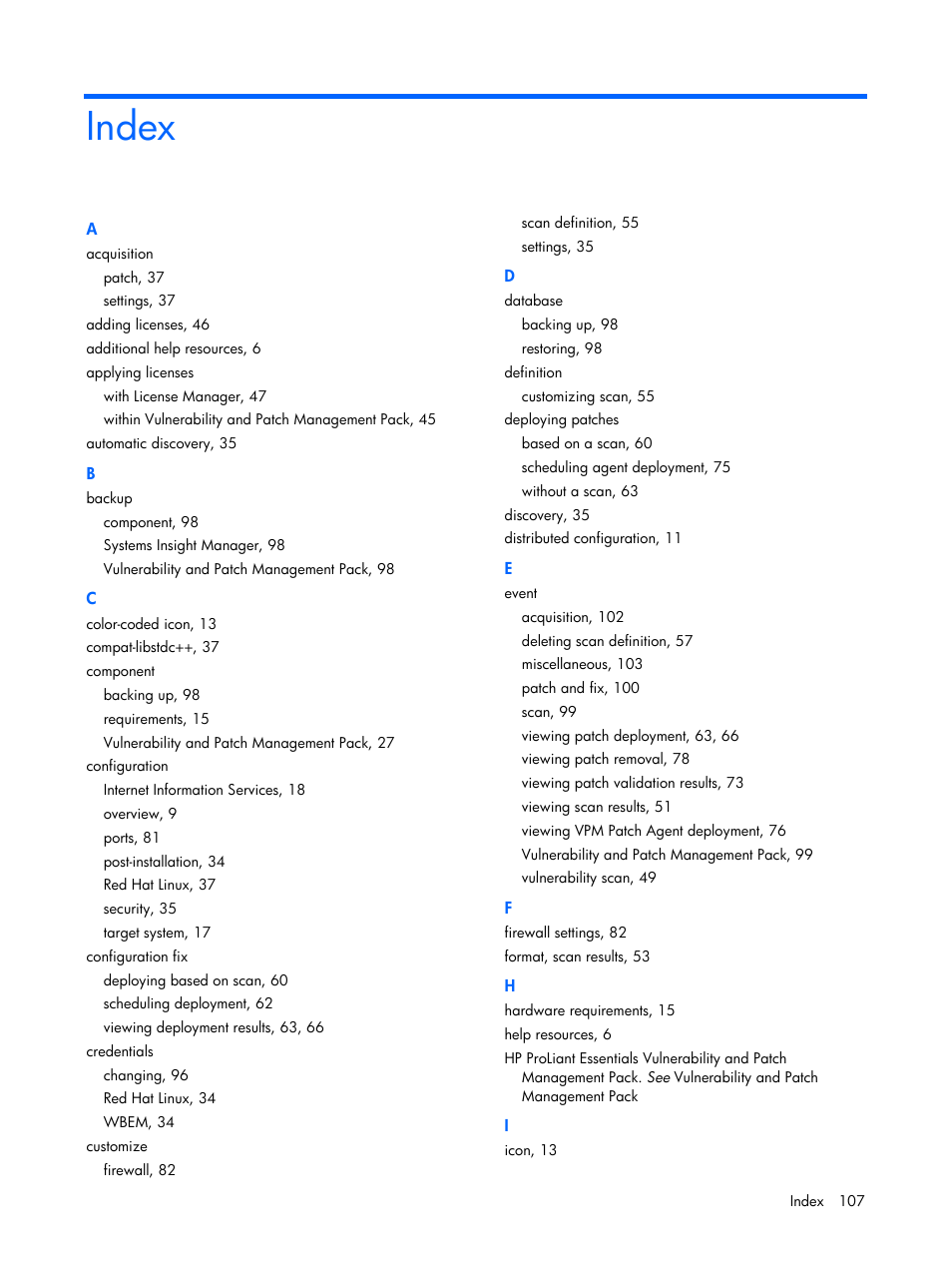 Index | HP Insight Vulnerability and Patch Manager Software User Manual | Page 107 / 110