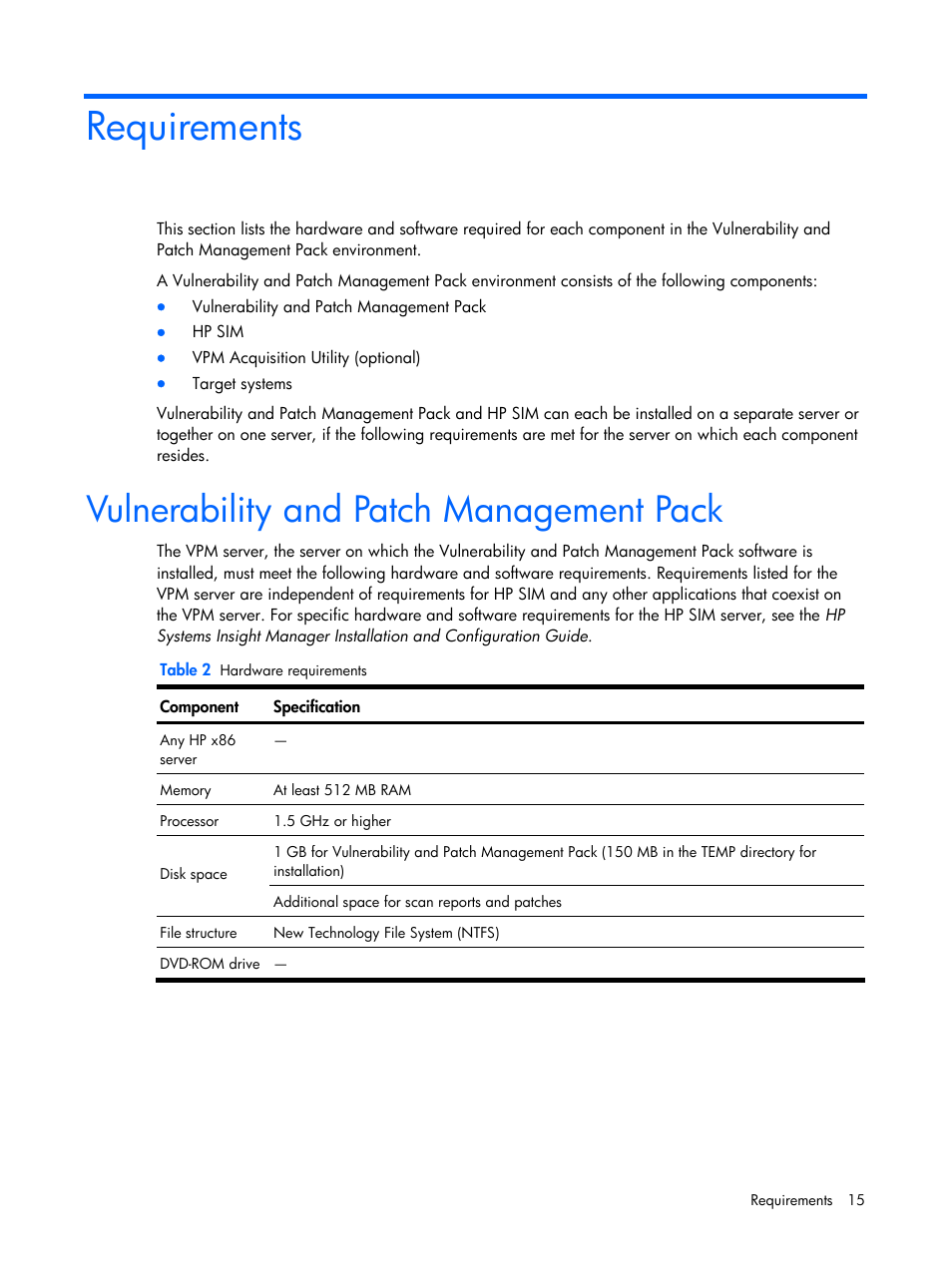 Requirements, Vulnerability and patch management pack | HP Insight Vulnerability and Patch Manager Software User Manual | Page 15 / 110