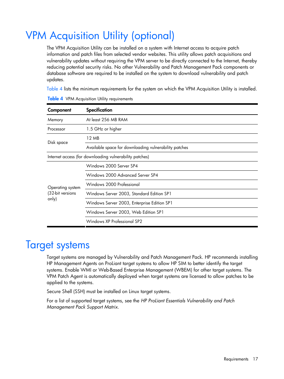 Vpm acquisition utility (optional), Target systems | HP Insight Vulnerability and Patch Manager Software User Manual | Page 17 / 110