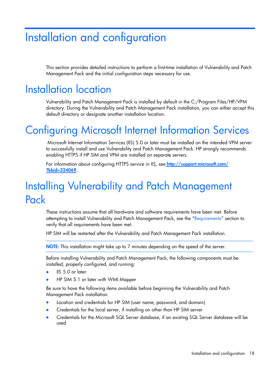 Installation and configuration, Installation location, Installing vulnerability and patch management pack | HP Insight Vulnerability and Patch Manager Software User Manual | Page 18 / 110