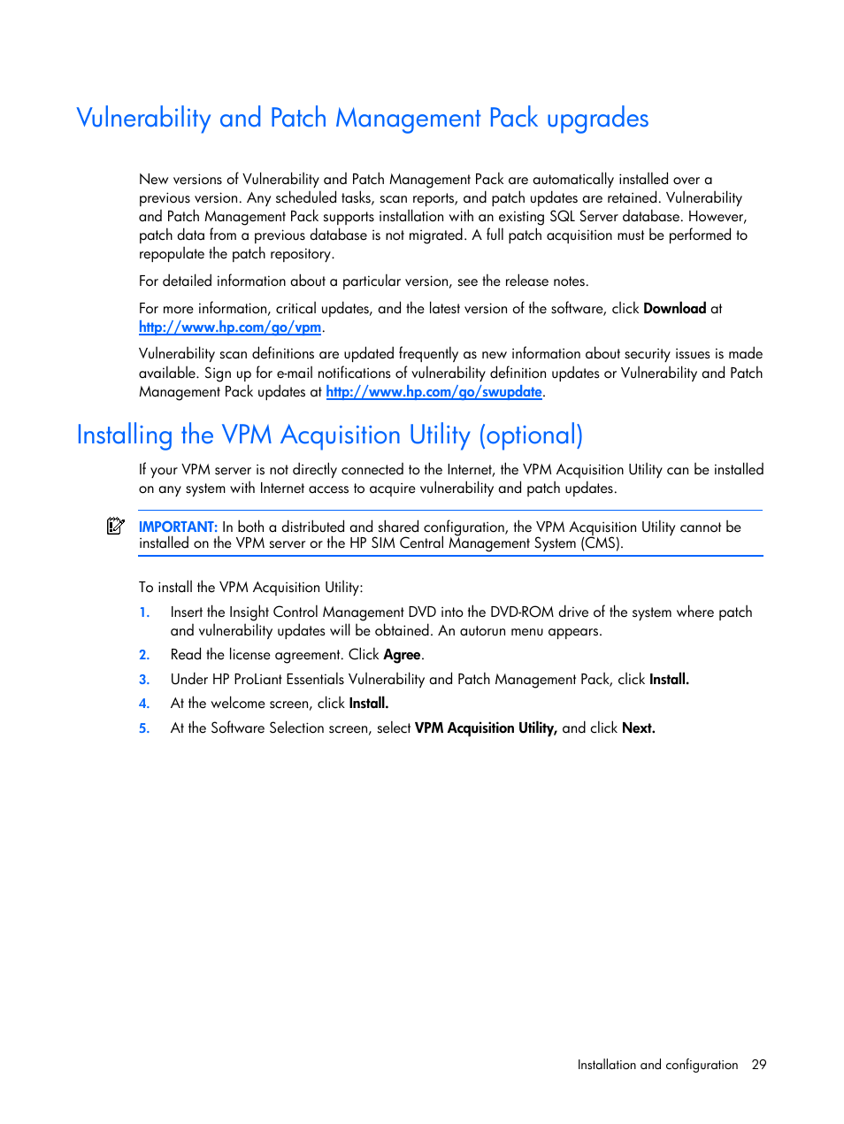 Vulnerability and patch management pack upgrades, Installing the vpm acquisition utility (optional) | HP Insight Vulnerability and Patch Manager Software User Manual | Page 29 / 110
