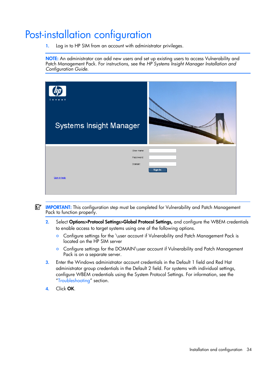 Post-installation configuration | HP Insight Vulnerability and Patch Manager Software User Manual | Page 34 / 110