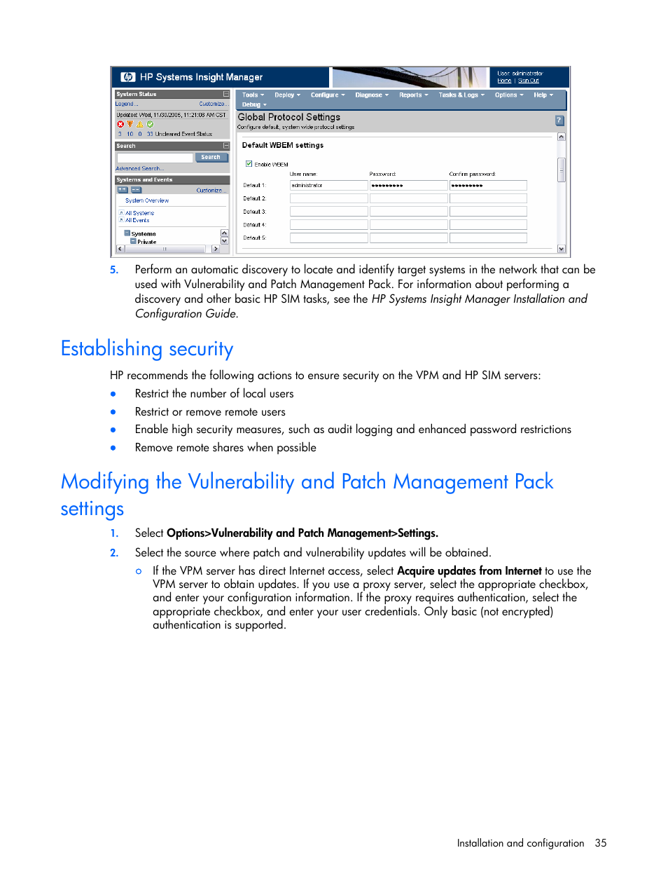 Establishing security | HP Insight Vulnerability and Patch Manager Software User Manual | Page 35 / 110