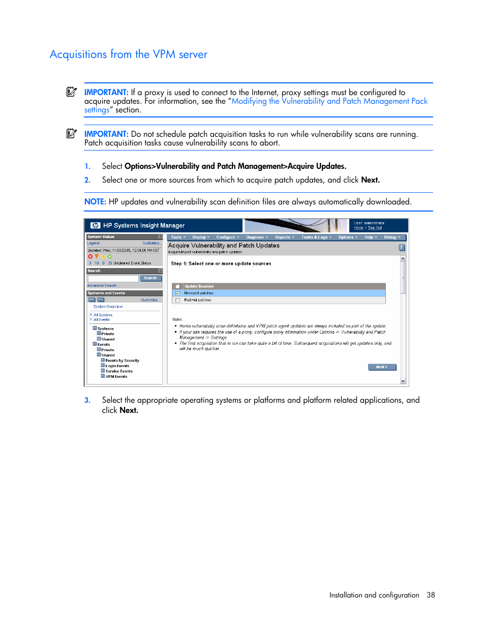 Acquisitions from the vpm server | HP Insight Vulnerability and Patch Manager Software User Manual | Page 38 / 110