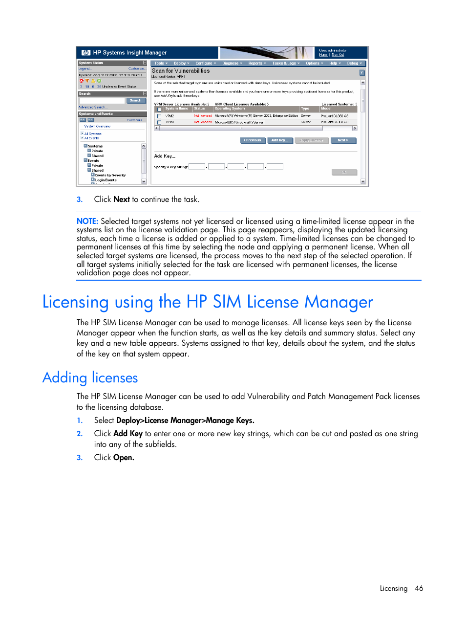 Licensing using the hp sim license manager, Adding licenses | HP Insight Vulnerability and Patch Manager Software User Manual | Page 46 / 110