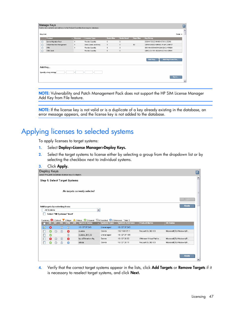 Applying licenses to selected systems | HP Insight Vulnerability and Patch Manager Software User Manual | Page 47 / 110