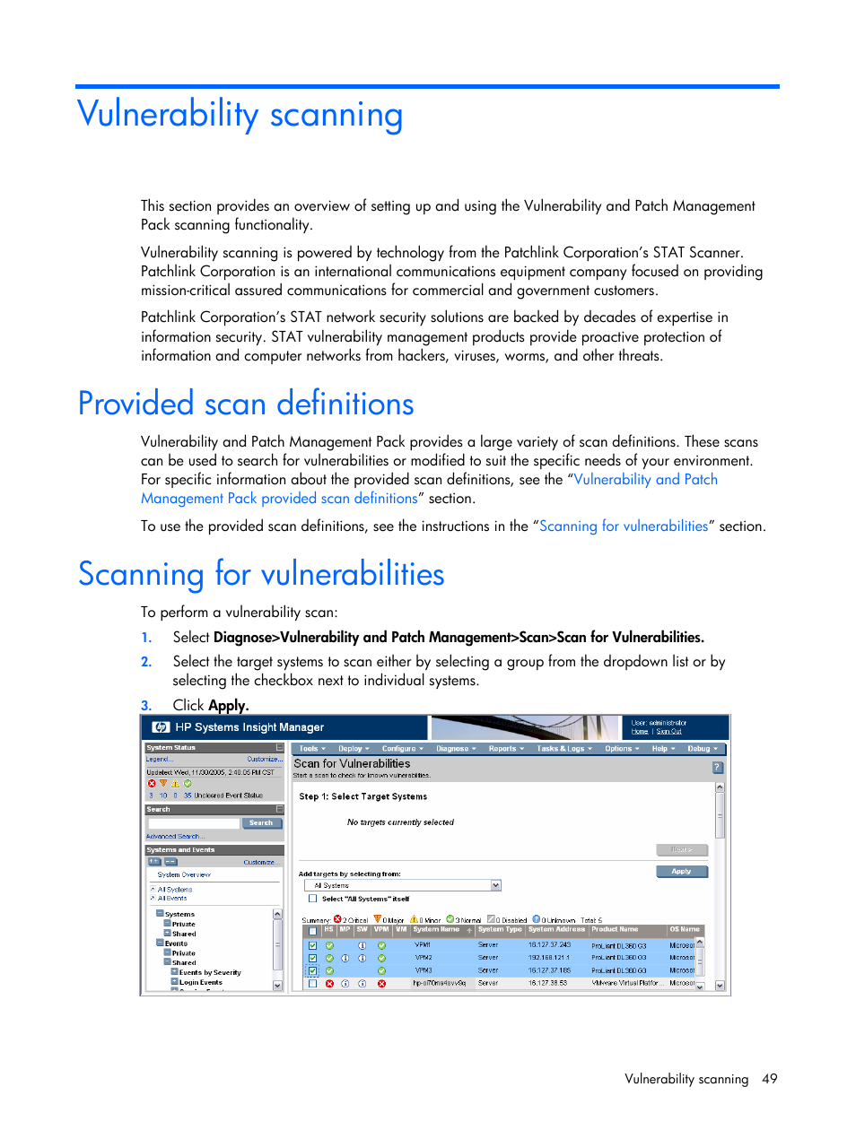 Vulnerability scanning, Provided scan definitions, Scanning for vulnerabilities | HP Insight Vulnerability and Patch Manager Software User Manual | Page 49 / 110