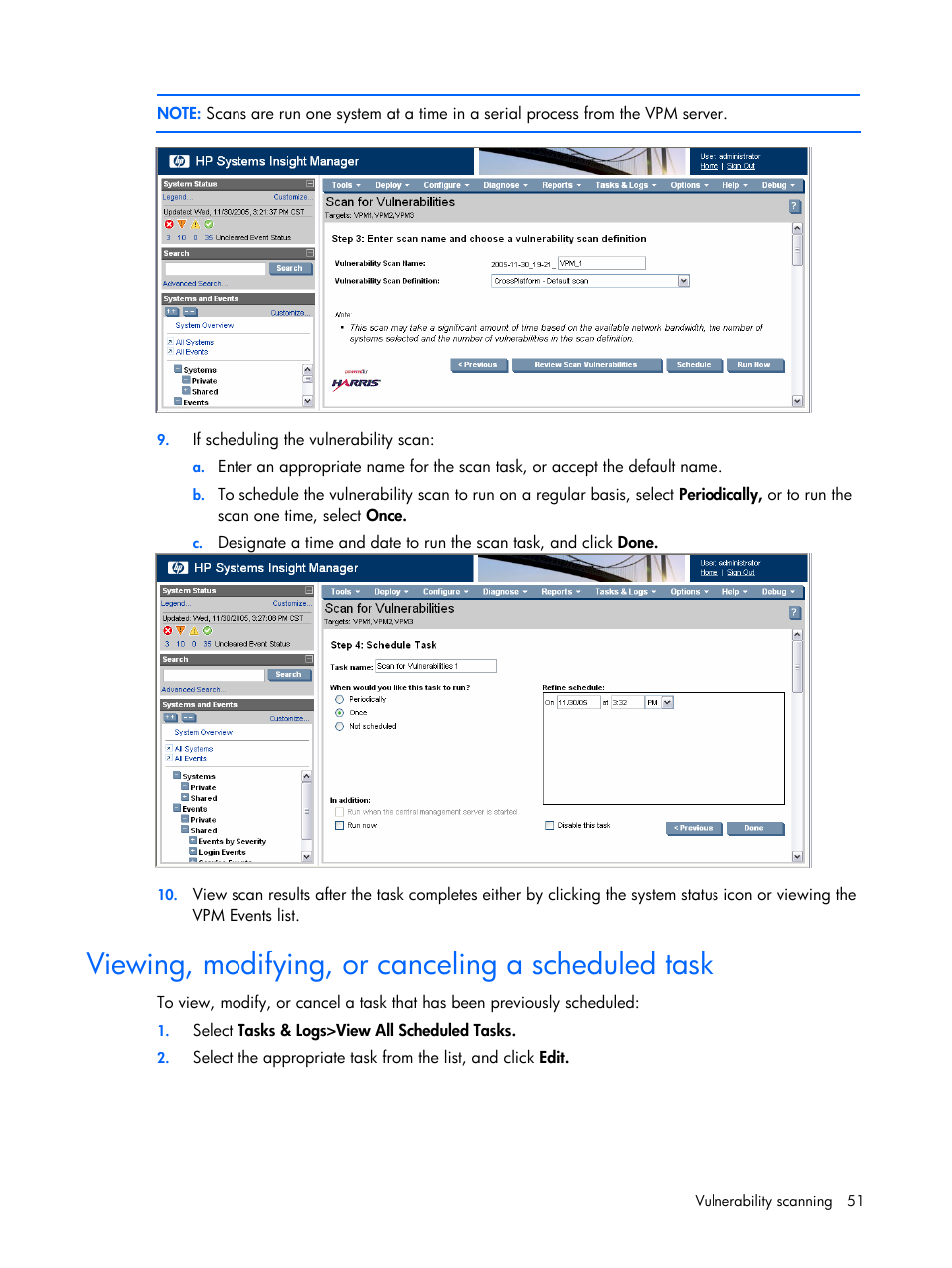 Viewing, modifying, or canceling a scheduled task | HP Insight Vulnerability and Patch Manager Software User Manual | Page 51 / 110