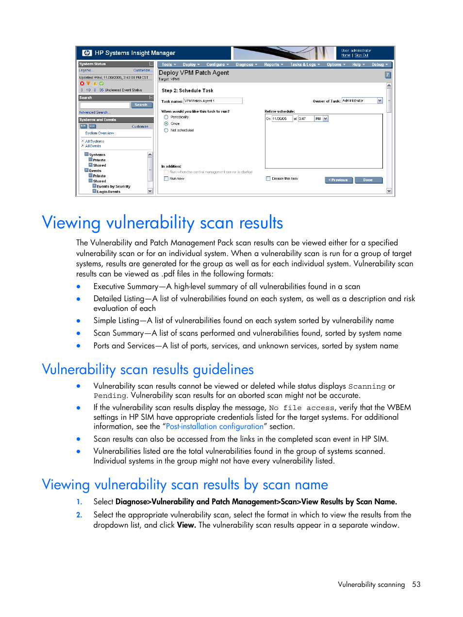 Viewing vulnerability scan results, Vulnerability scan results guidelines, Viewing vulnerability scan results by scan name | HP Insight Vulnerability and Patch Manager Software User Manual | Page 53 / 110