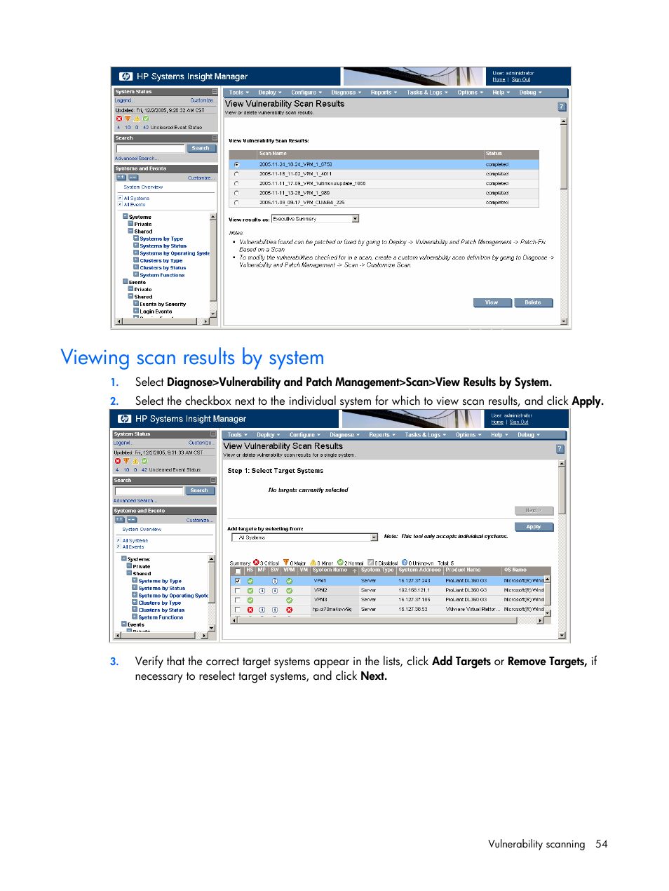 Viewing scan results by system | HP Insight Vulnerability and Patch Manager Software User Manual | Page 54 / 110