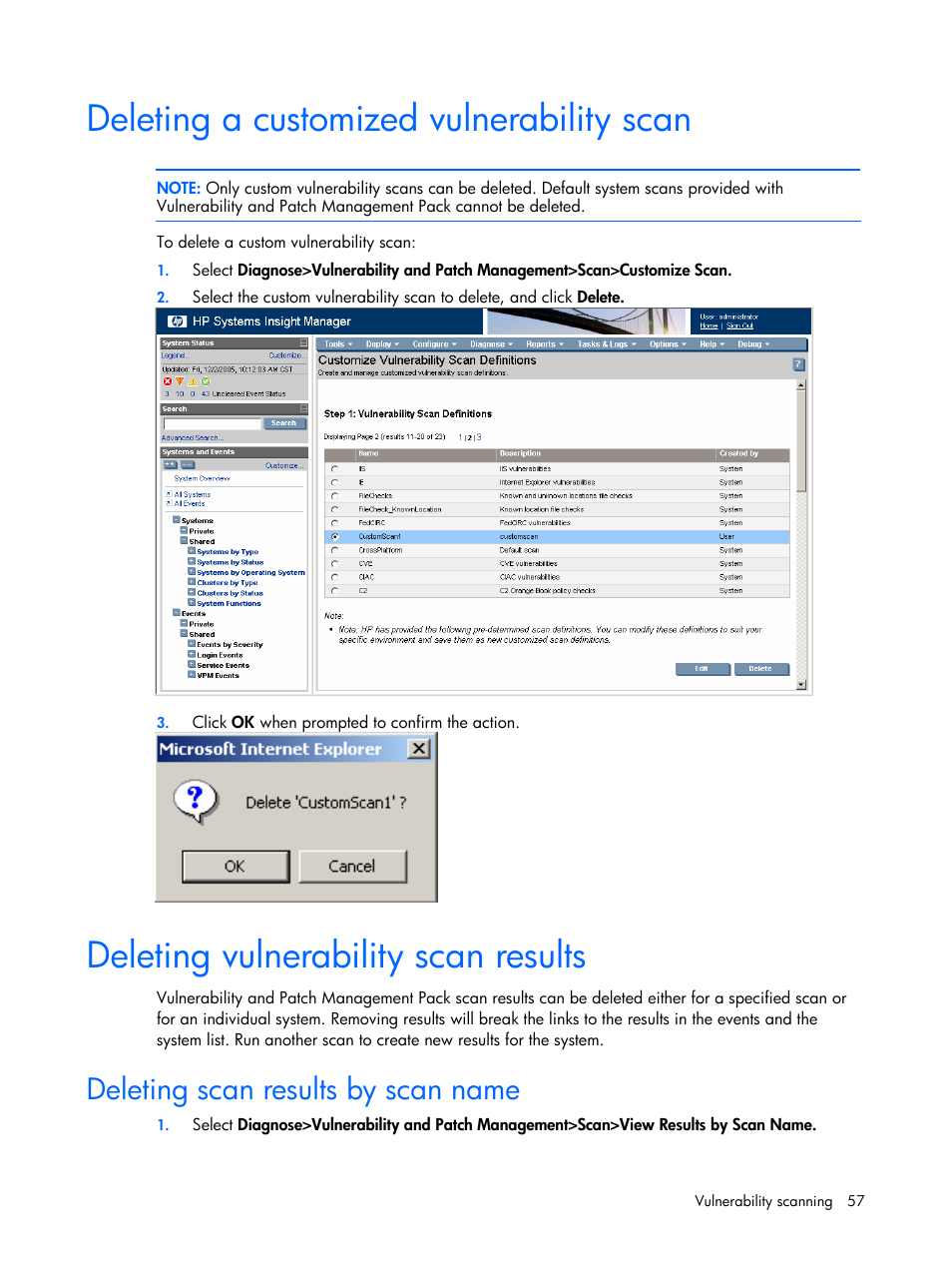 Deleting a customized vulnerability scan, Deleting vulnerability scan results, Deleting scan results by scan name | HP Insight Vulnerability and Patch Manager Software User Manual | Page 57 / 110