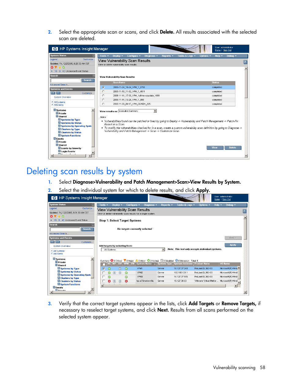 Deleting scan results by system | HP Insight Vulnerability and Patch Manager Software User Manual | Page 58 / 110