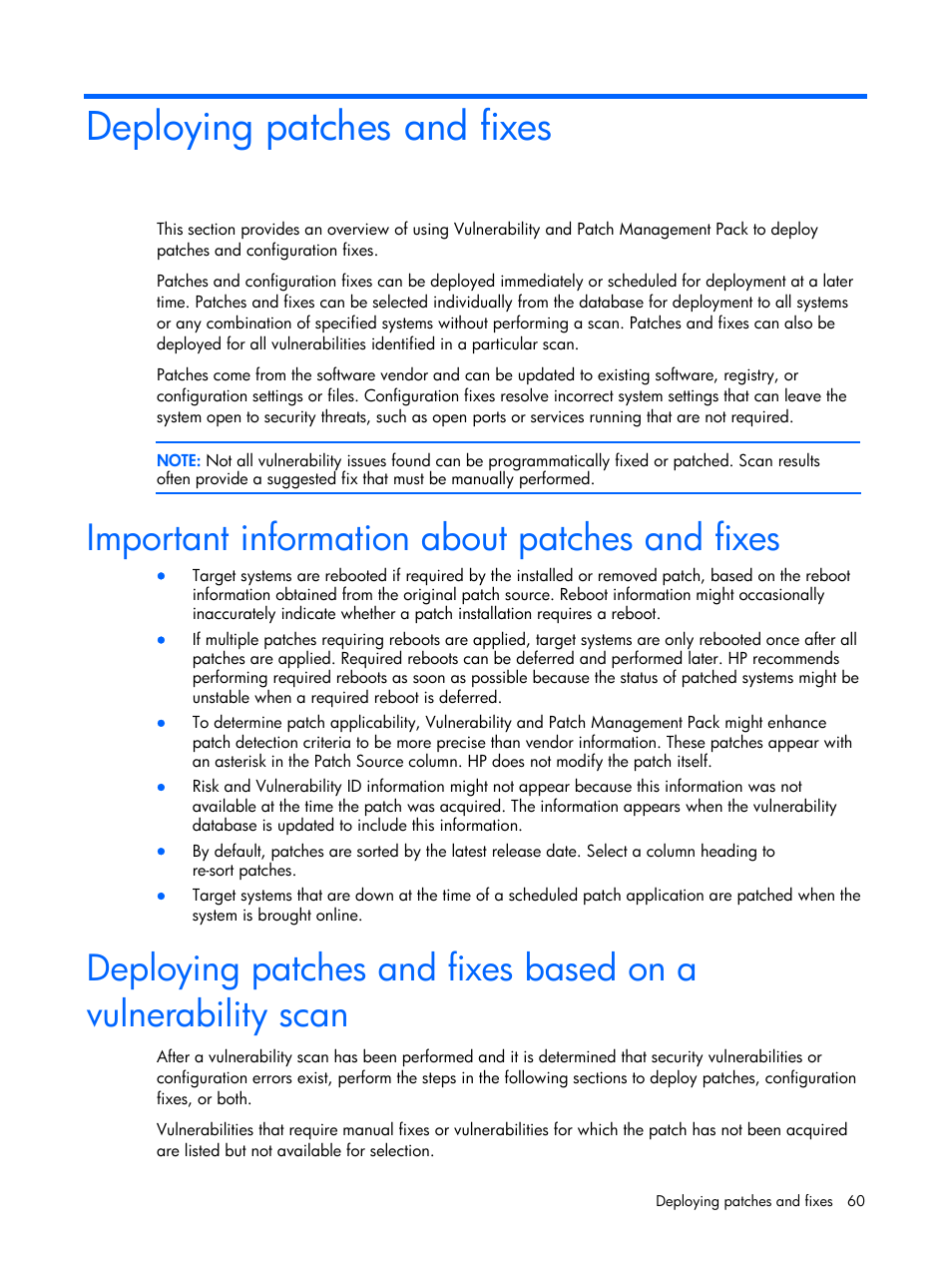 Deploying patches and fixes, Important information about patches and fixes | HP Insight Vulnerability and Patch Manager Software User Manual | Page 60 / 110