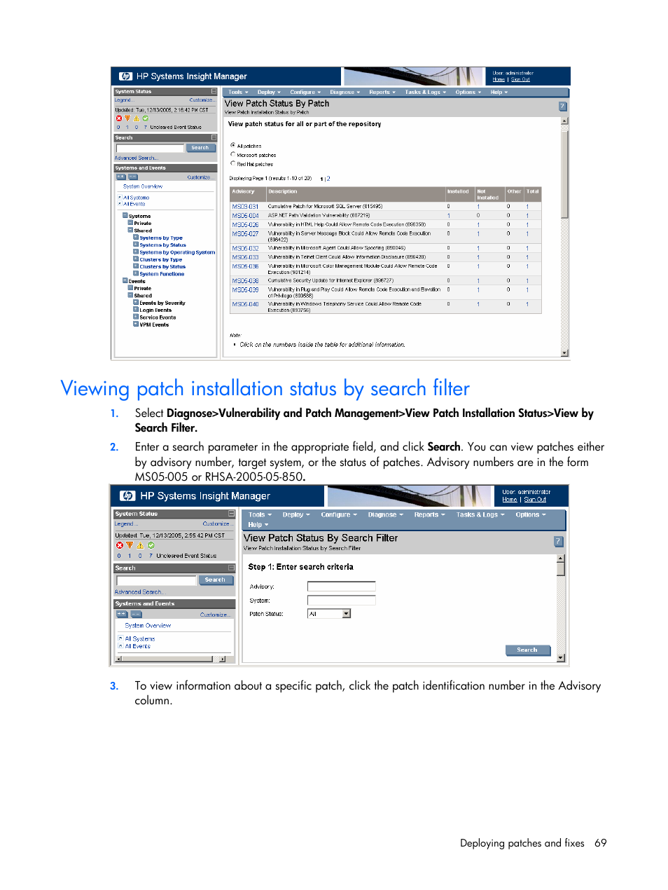 Viewing patch installation status by search filter | HP Insight Vulnerability and Patch Manager Software User Manual | Page 69 / 110