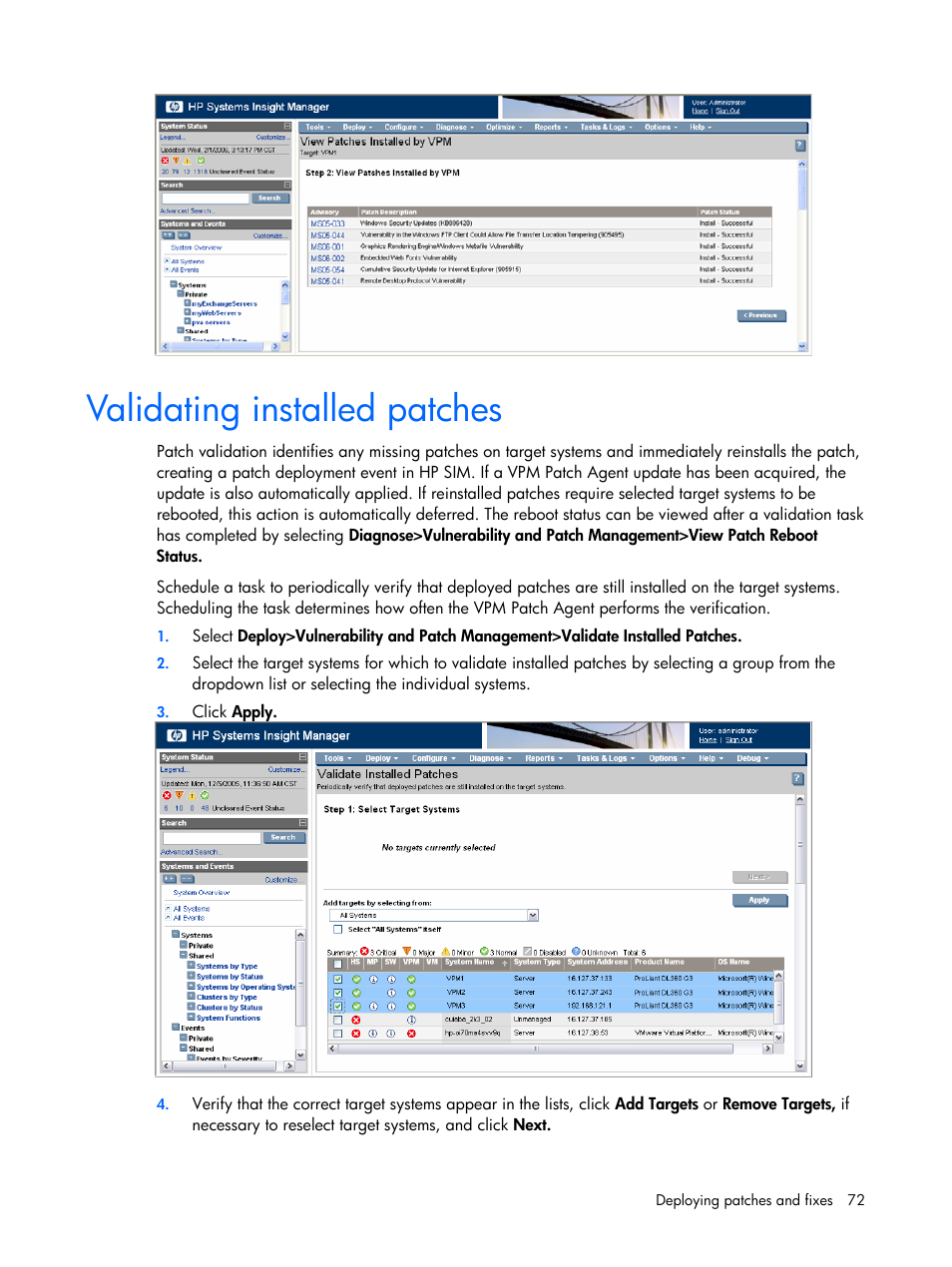 Validating installed patches | HP Insight Vulnerability and Patch Manager Software User Manual | Page 72 / 110