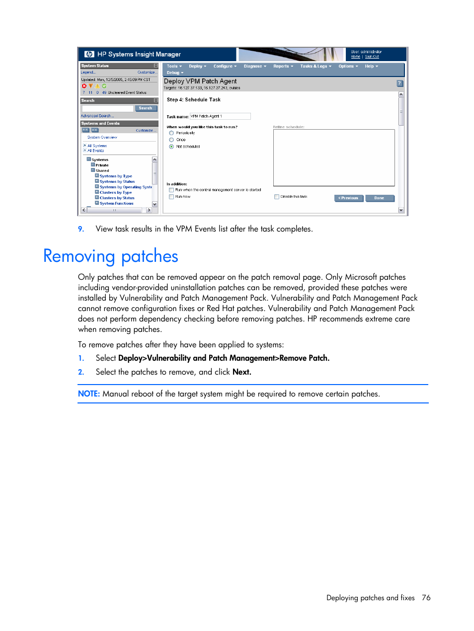 Removing patches | HP Insight Vulnerability and Patch Manager Software User Manual | Page 76 / 110