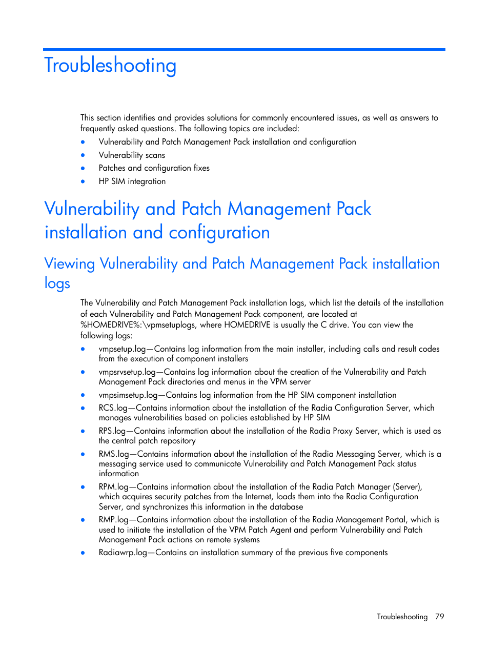 Troubleshooting | HP Insight Vulnerability and Patch Manager Software User Manual | Page 79 / 110