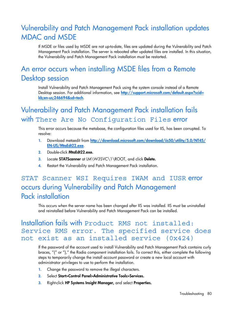 There are no configuration files, Error, Stat scanner wsi requires iwam and iusr | Error occurs during vulnerability and patch, Management pack installation, Installation fails with | HP Insight Vulnerability and Patch Manager Software User Manual | Page 80 / 110