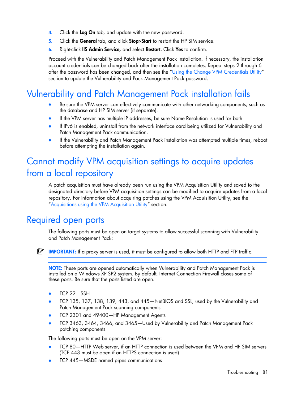 Required open ports | HP Insight Vulnerability and Patch Manager Software User Manual | Page 81 / 110