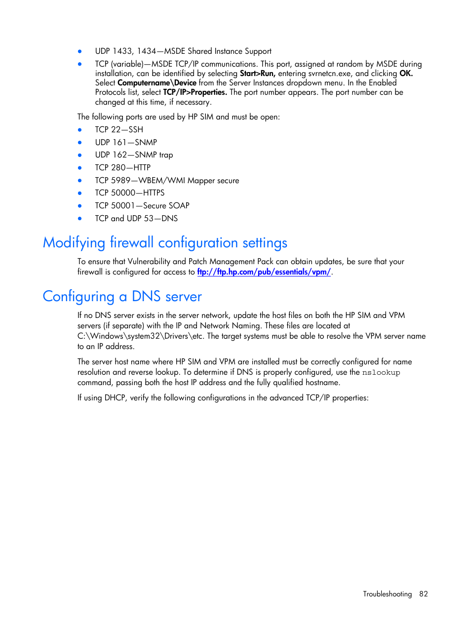 Modifying firewall configuration settings, Configuring a dns server | HP Insight Vulnerability and Patch Manager Software User Manual | Page 82 / 110