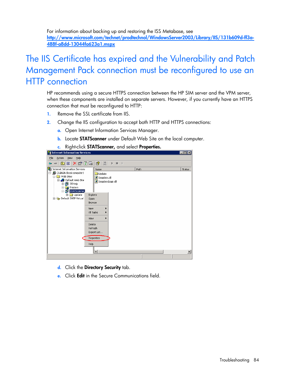 Reconfigured to use an http connection | HP Insight Vulnerability and Patch Manager Software User Manual | Page 84 / 110