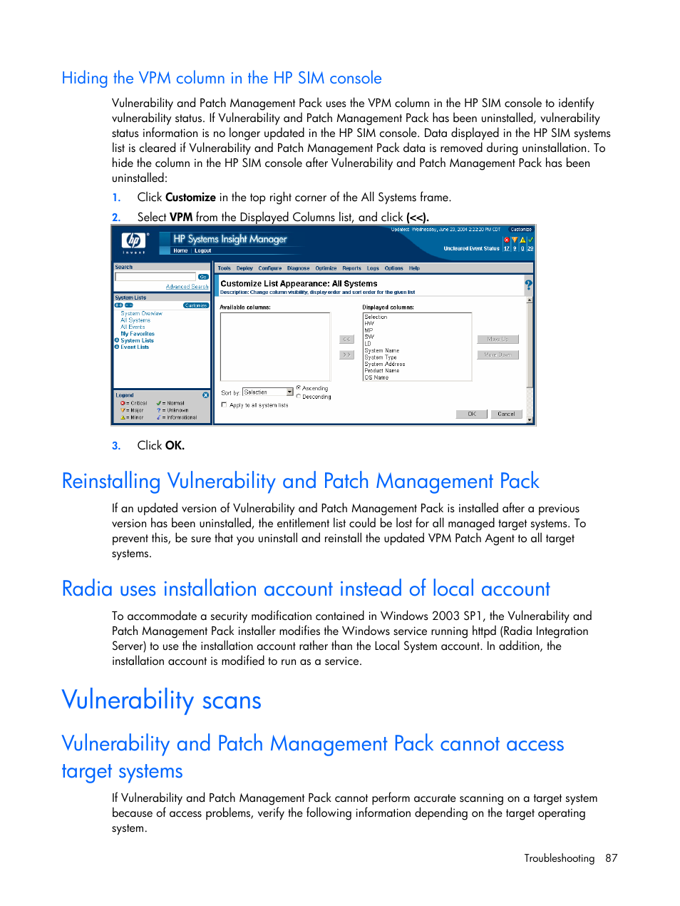 Hiding the vpm column in the hp sim console, Vulnerability scans | HP Insight Vulnerability and Patch Manager Software User Manual | Page 87 / 110