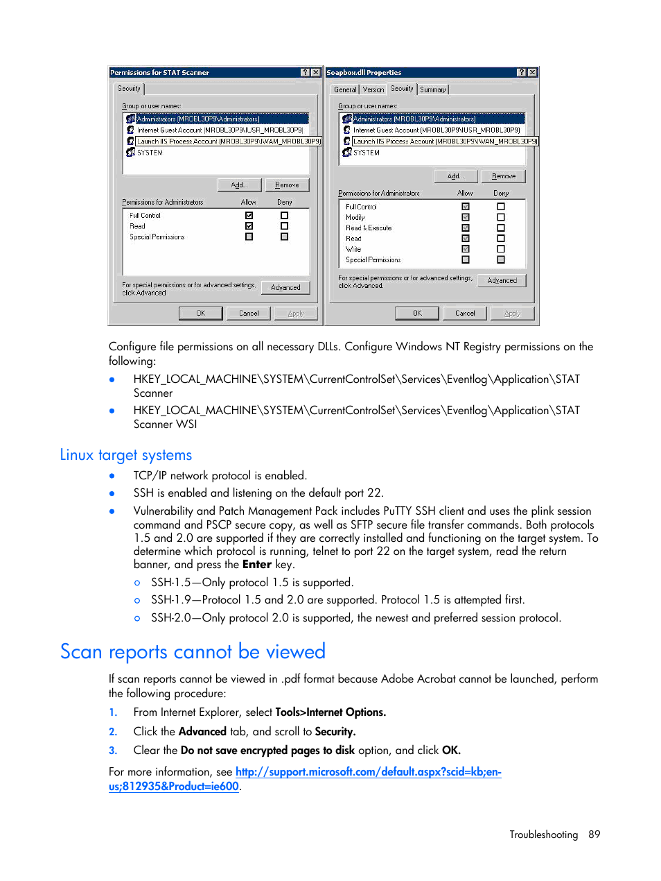 Linux target systems, Scan reports cannot be viewed | HP Insight Vulnerability and Patch Manager Software User Manual | Page 89 / 110