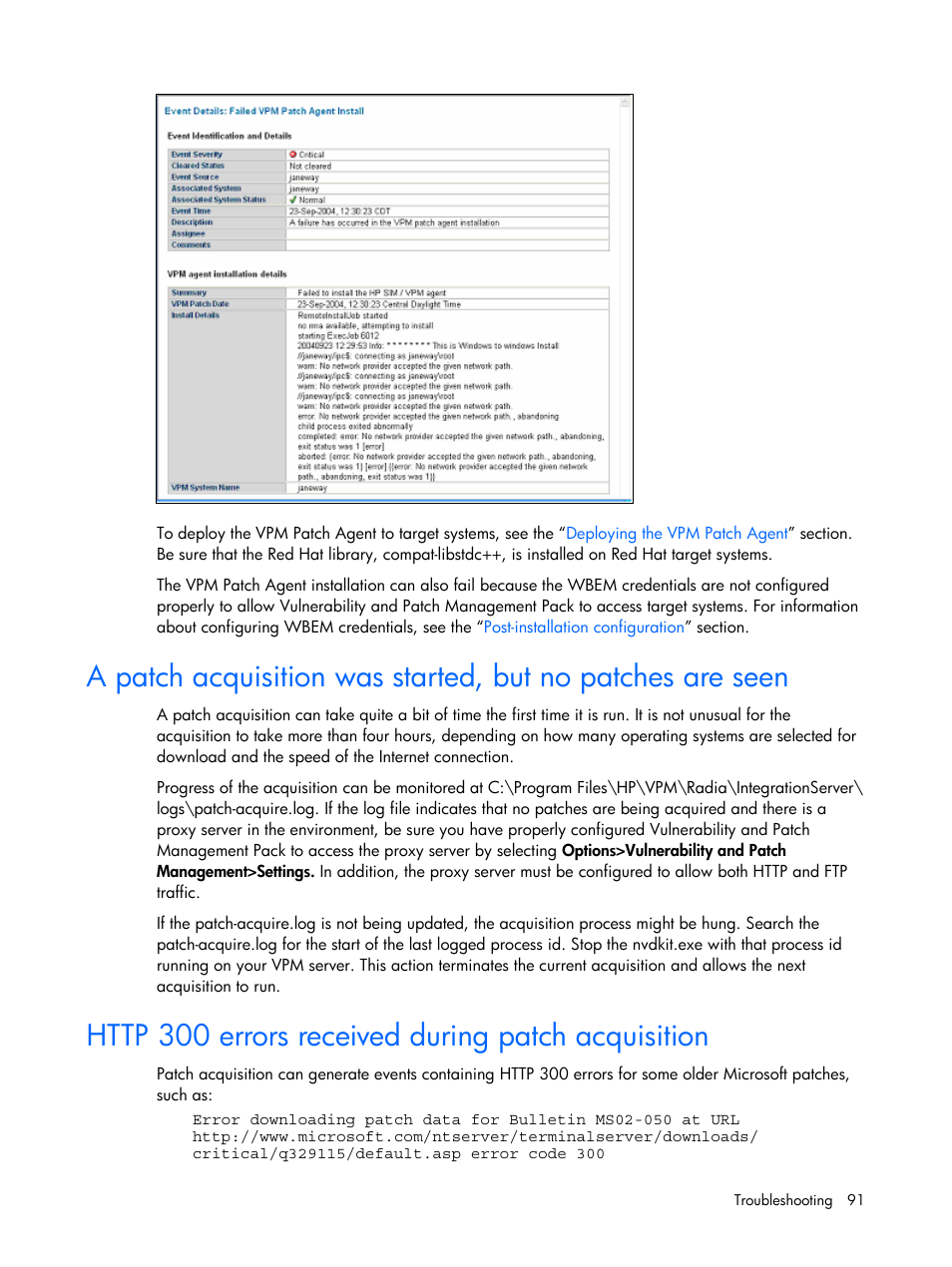 Http 300 errors received during patch acquisition | HP Insight Vulnerability and Patch Manager Software User Manual | Page 91 / 110