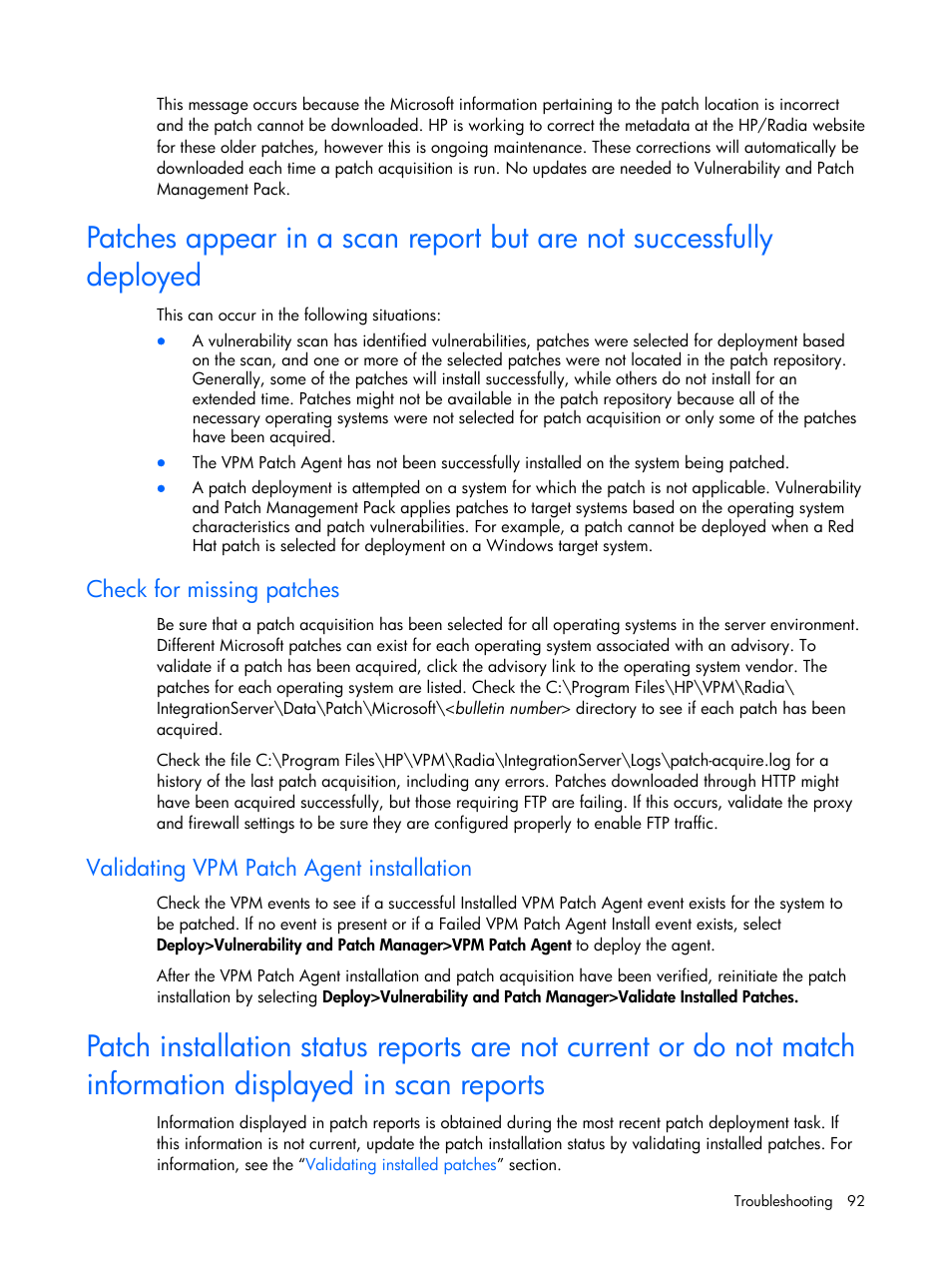 Check for missing patches, Validating vpm patch agent installation | HP Insight Vulnerability and Patch Manager Software User Manual | Page 92 / 110