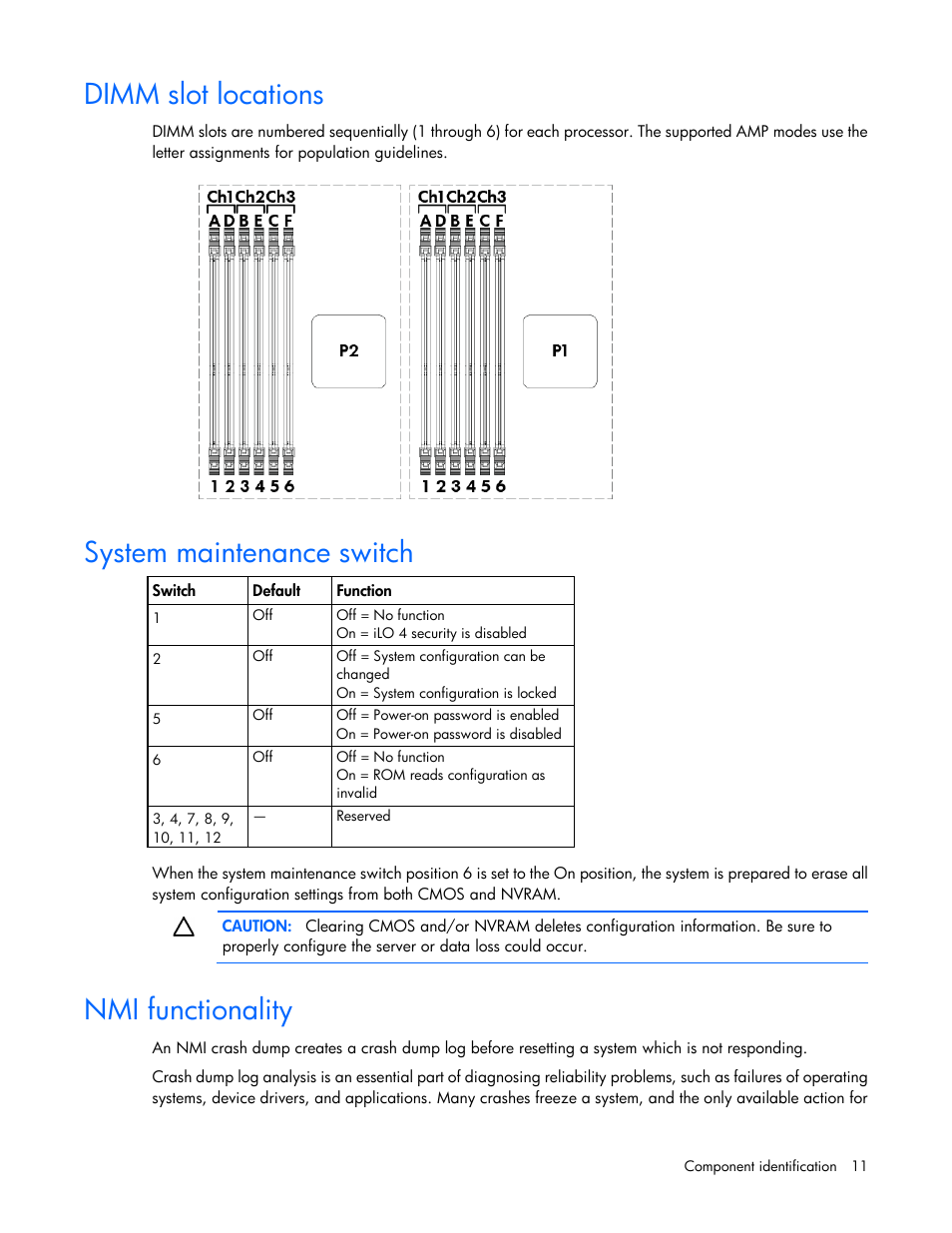 Dimm slot locations, System maintenance switch, Nmi functionality | HP ProLiant DL360e Gen8 Server User Manual | Page 11 / 114