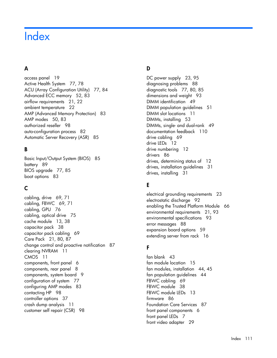 Index | HP ProLiant DL360e Gen8 Server User Manual | Page 111 / 114