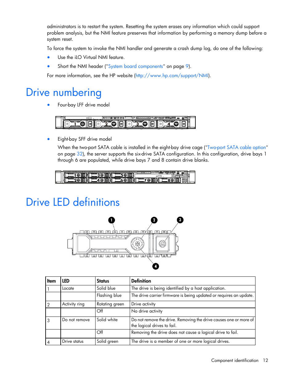 Drive numbering, Drive led definitions | HP ProLiant DL360e Gen8 Server User Manual | Page 12 / 114