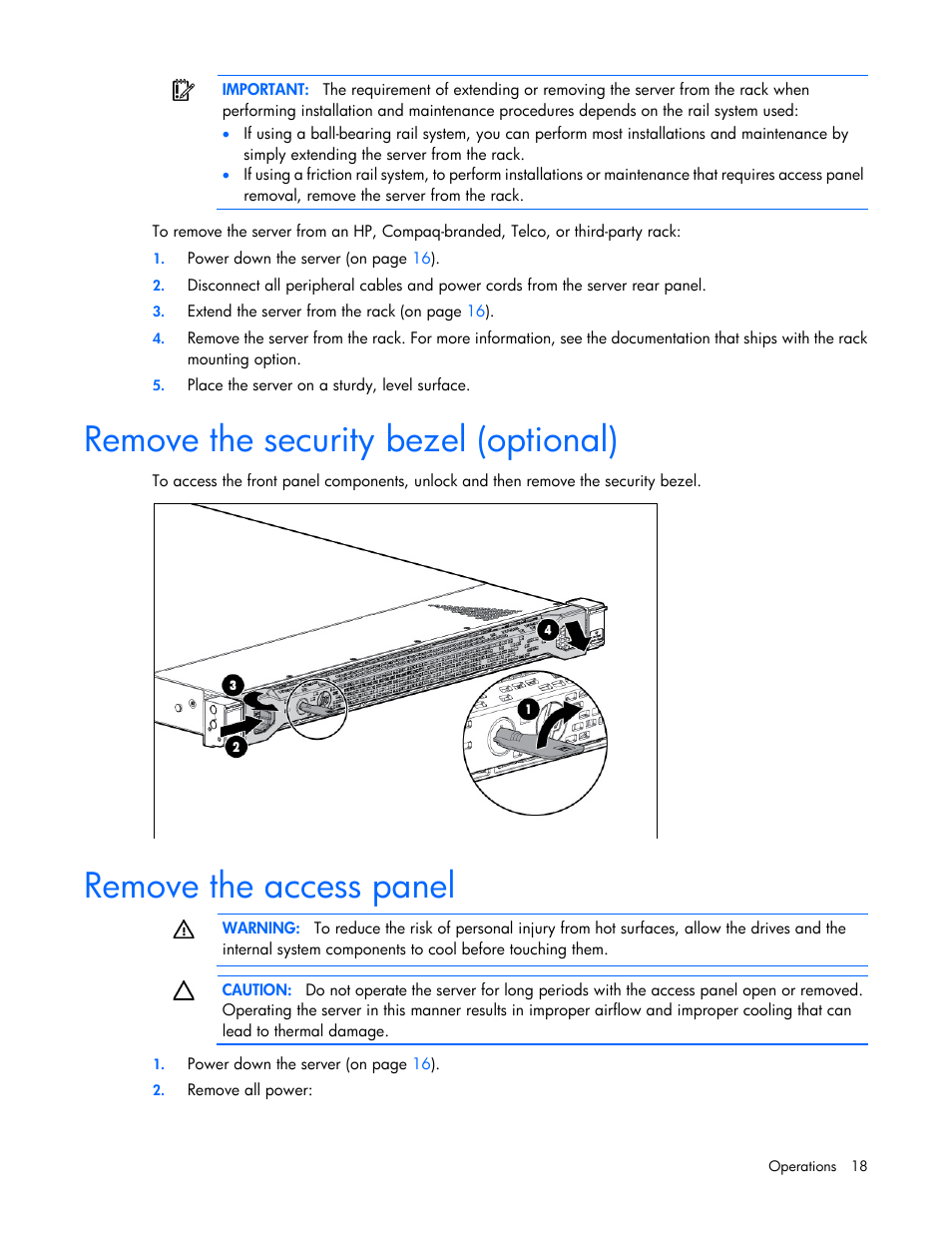 Remove the security bezel (optional), Remove the access panel | HP ProLiant DL360e Gen8 Server User Manual | Page 18 / 114