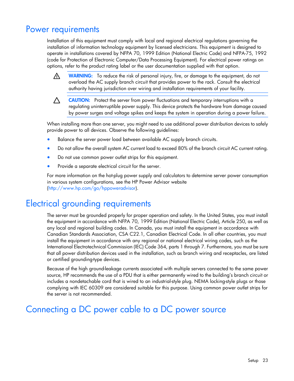 Power requirements, Electrical grounding requirements, Connecting a dc power cable to a dc power source | HP ProLiant DL360e Gen8 Server User Manual | Page 23 / 114