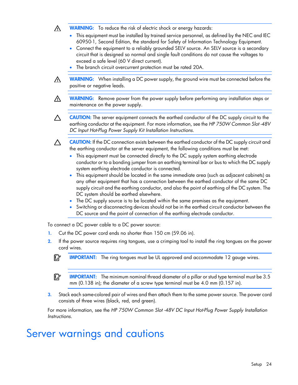 Server warnings and cautions | HP ProLiant DL360e Gen8 Server User Manual | Page 24 / 114