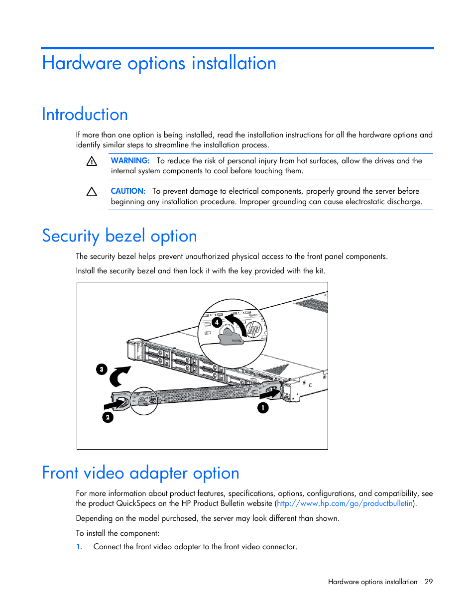 Hardware options installation, Introduction, Security bezel option | Front video adapter option | HP ProLiant DL360e Gen8 Server User Manual | Page 29 / 114