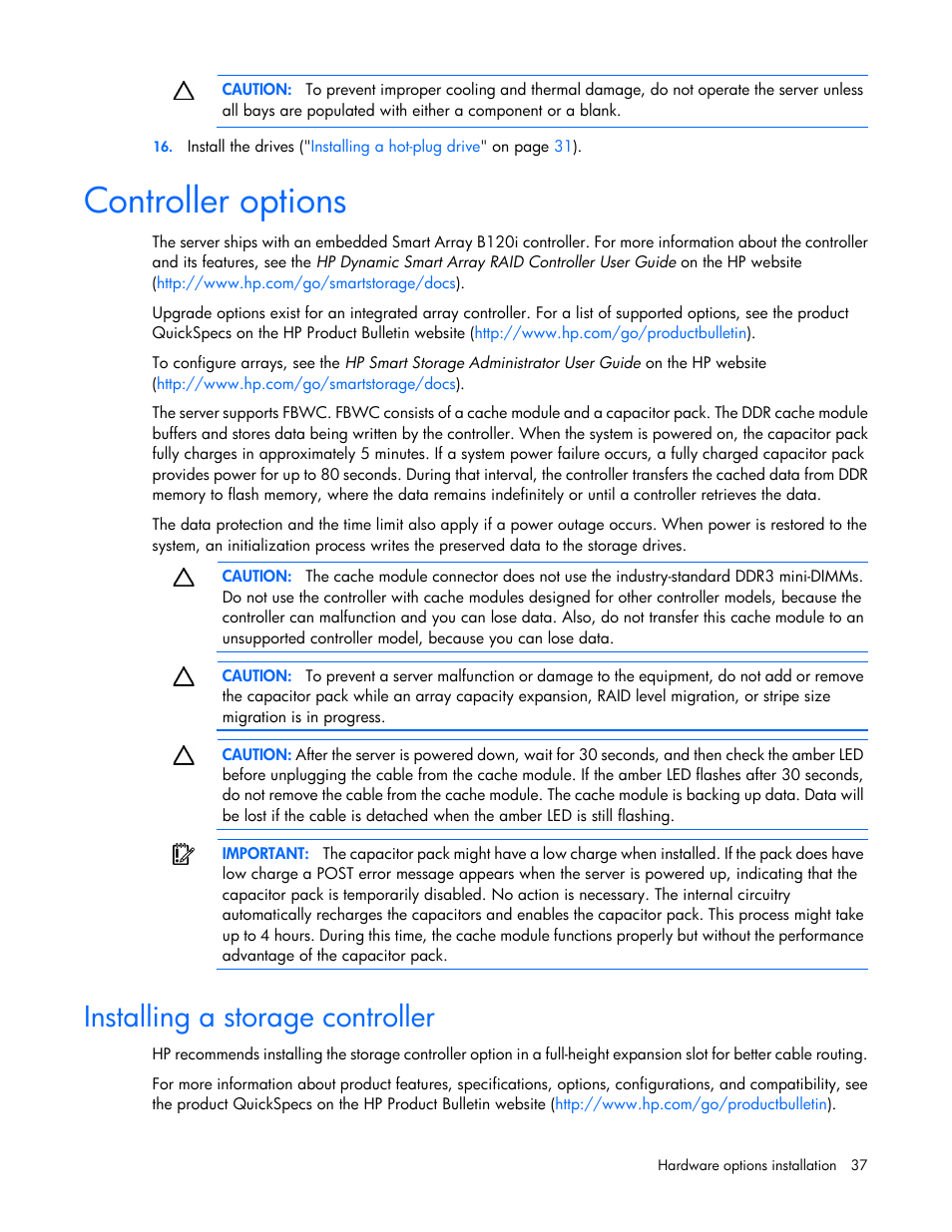 Controller options, Installing a storage controller | HP ProLiant DL360e Gen8 Server User Manual | Page 37 / 114