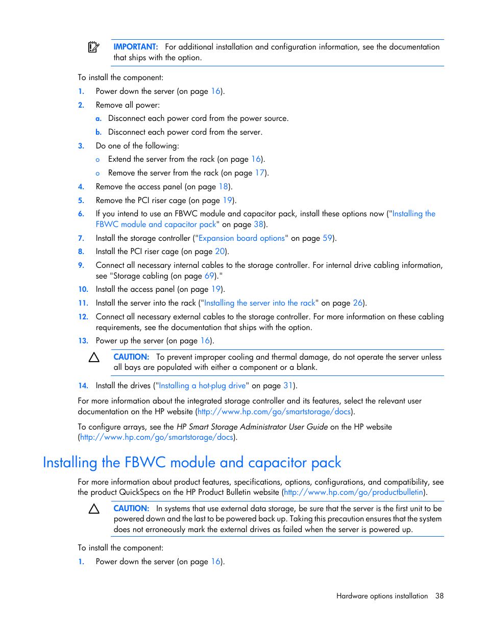 Installing the fbwc module and capacitor pack, Installing the, Fbwc module and capacitor pack | HP ProLiant DL360e Gen8 Server User Manual | Page 38 / 114
