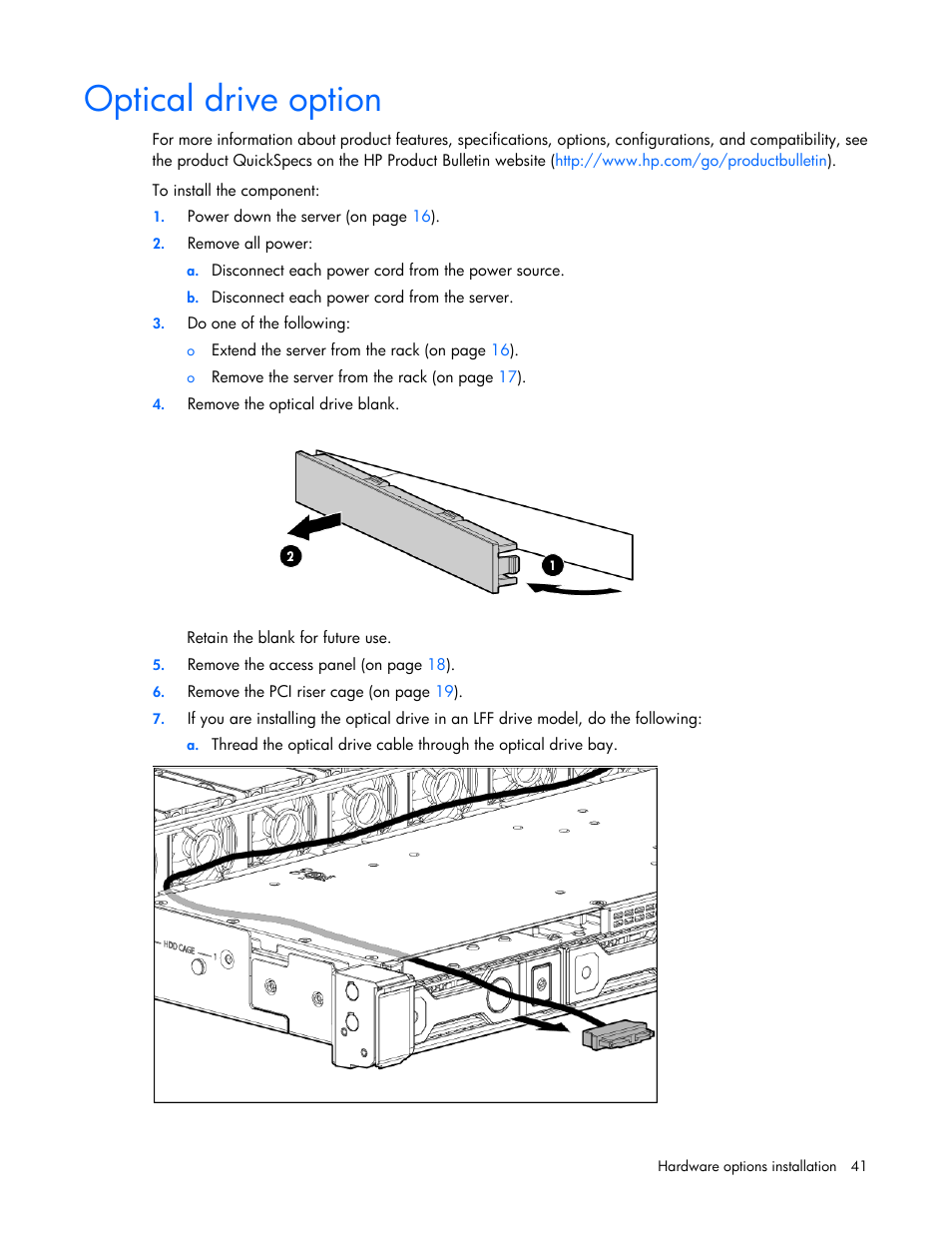 Optical drive option | HP ProLiant DL360e Gen8 Server User Manual | Page 41 / 114