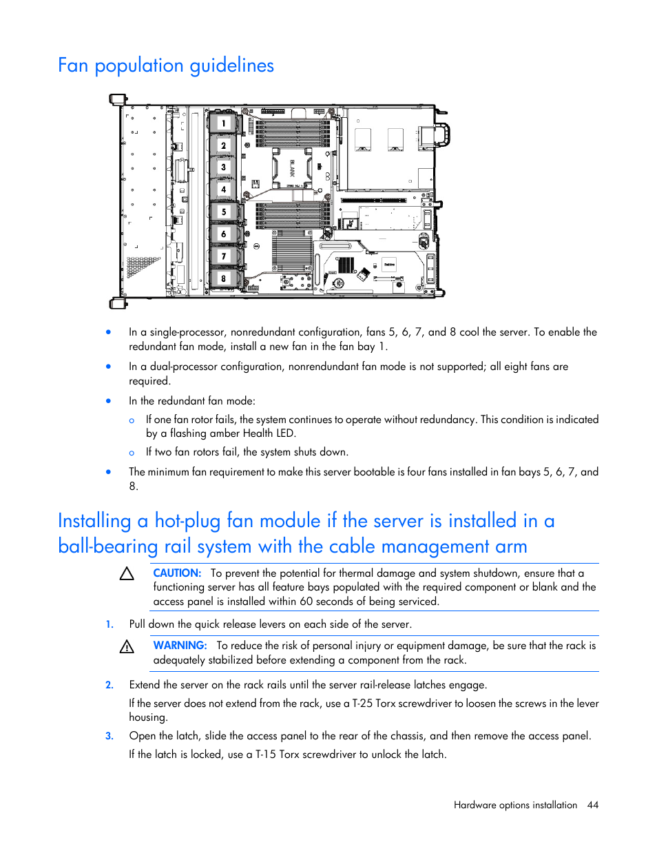 Fan population guidelines | HP ProLiant DL360e Gen8 Server User Manual | Page 44 / 114