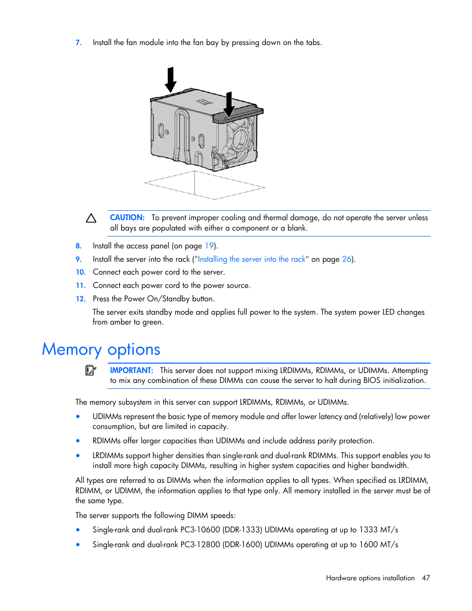 Memory options | HP ProLiant DL360e Gen8 Server User Manual | Page 47 / 114