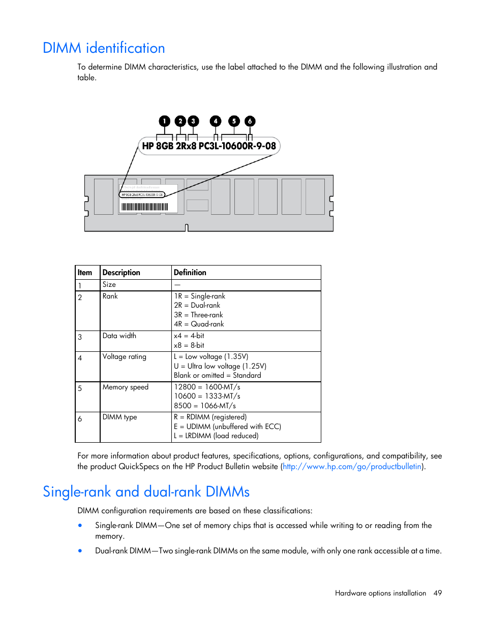 Dimm identification, Single-rank and dual-rank dimms | HP ProLiant DL360e Gen8 Server User Manual | Page 49 / 114