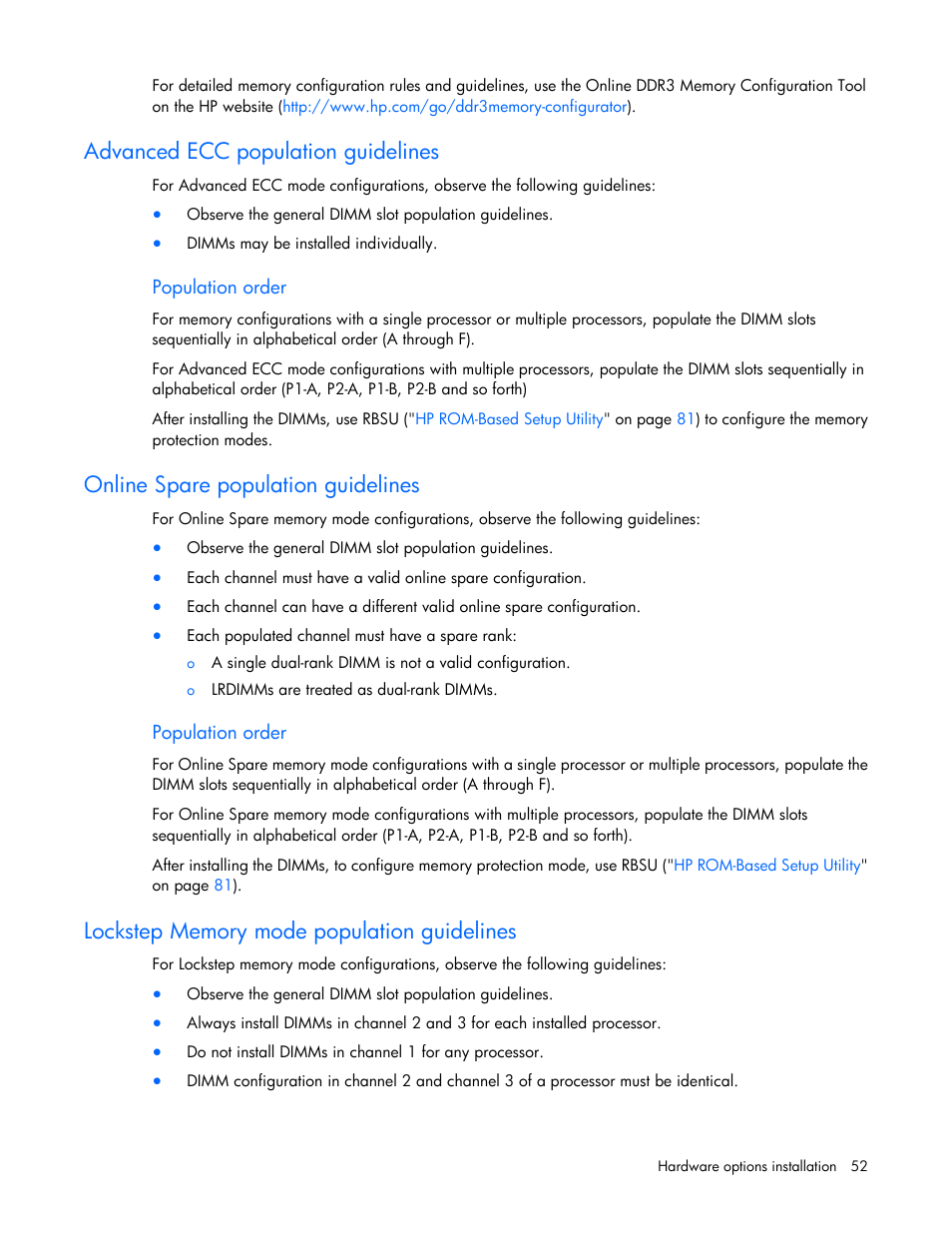 Advanced ecc population guidelines, Population order, Online spare population guidelines | Lockstep memory mode population guidelines | HP ProLiant DL360e Gen8 Server User Manual | Page 52 / 114